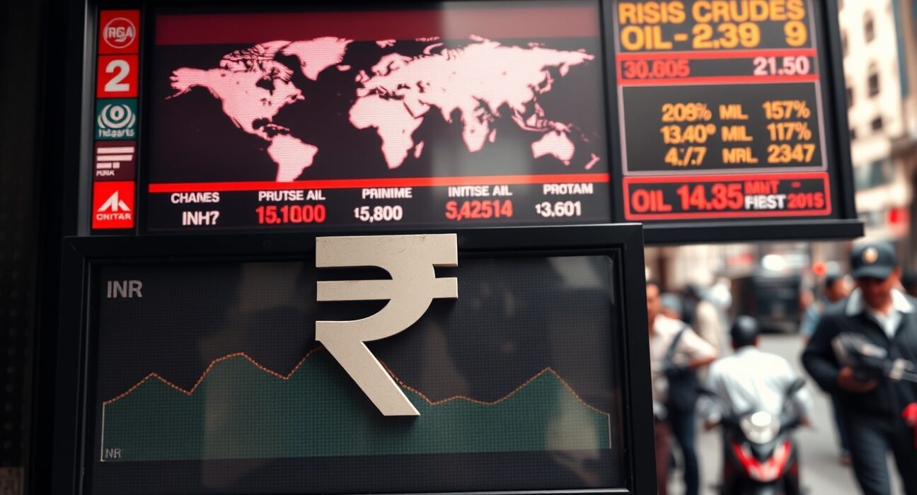 Currency exchange board in Mumbai showing Indian rupee weakening alongside rising crude oil prices