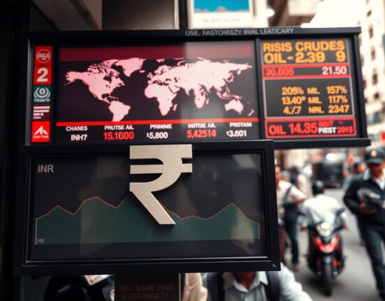 Currency exchange board in Mumbai showing Indian rupee weakening alongside rising crude oil prices