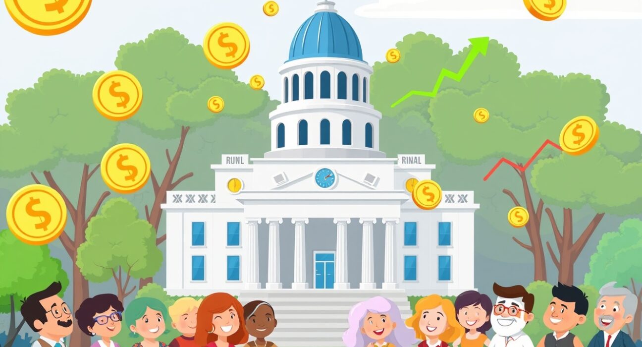 Cartoon illustration of Indiana's revolutionary bill allowing pension fund investment in crypto ETFs.