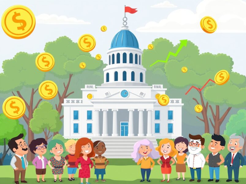 Cartoon illustration of Indiana's revolutionary bill allowing pension fund investment in crypto ETFs.