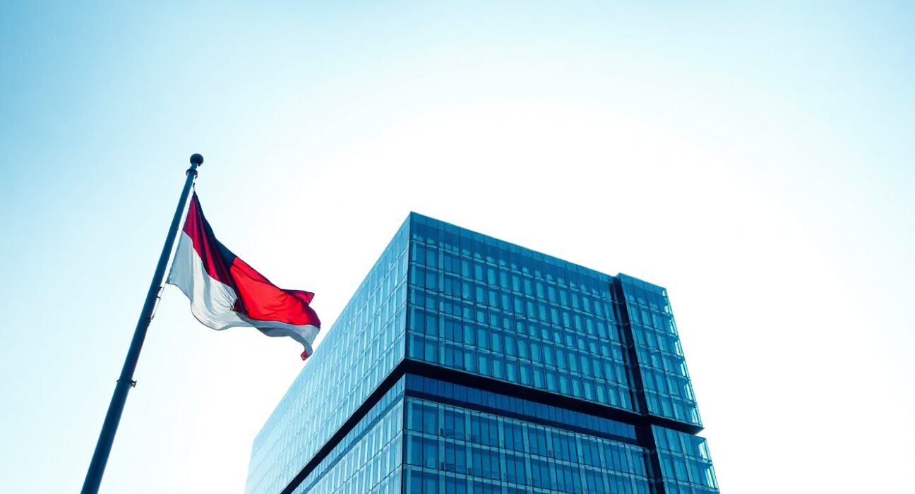 Bank Indonesia headquarters in Jakarta with Indonesian flag, symbolizing monetary policy stability