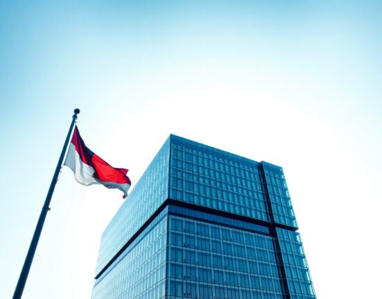 Bank Indonesia headquarters in Jakarta with Indonesian flag, symbolizing monetary policy stability