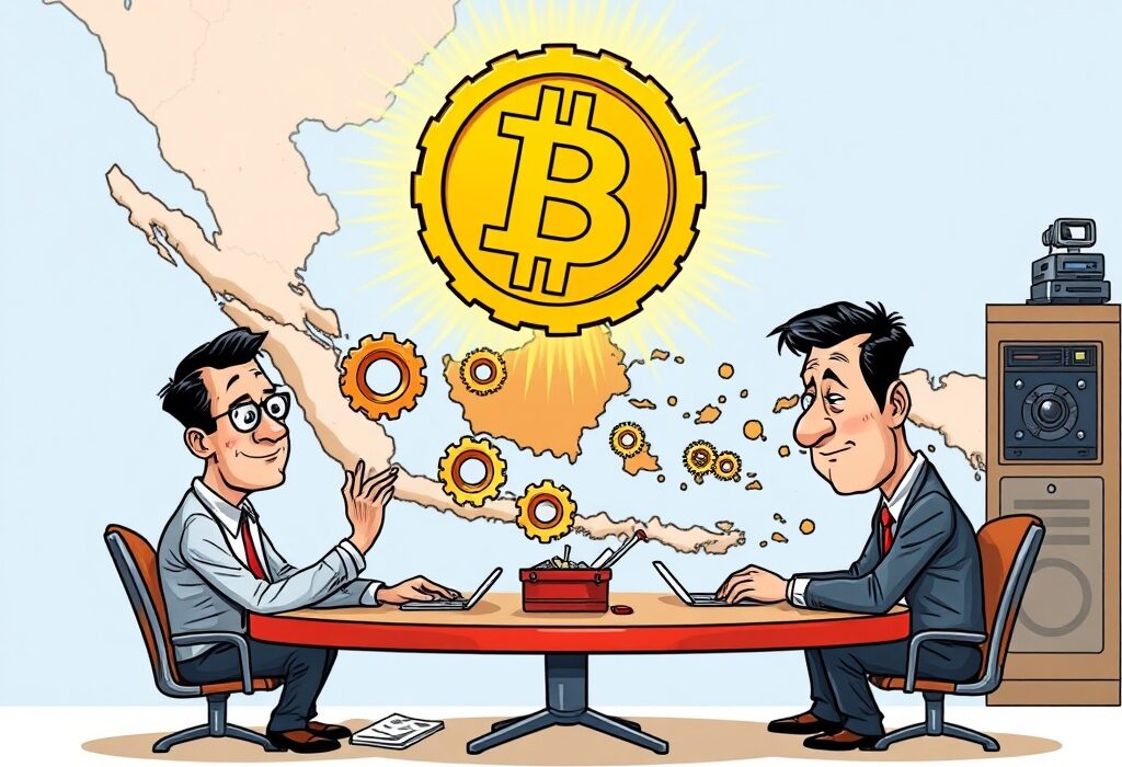 Cartoon of Indonesian officials discussing a strategic Bitcoin reserve, symbolizing the nation's exploration of digital currency and economic future.