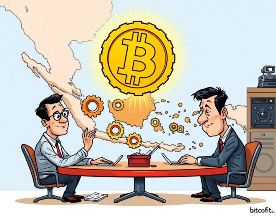 Cartoon of Indonesian officials discussing a strategic Bitcoin reserve, symbolizing the nation's exploration of digital currency and economic future.
