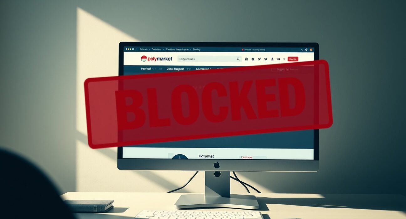 Computer screen showing Polymarket blocked with Indonesian government document on desk