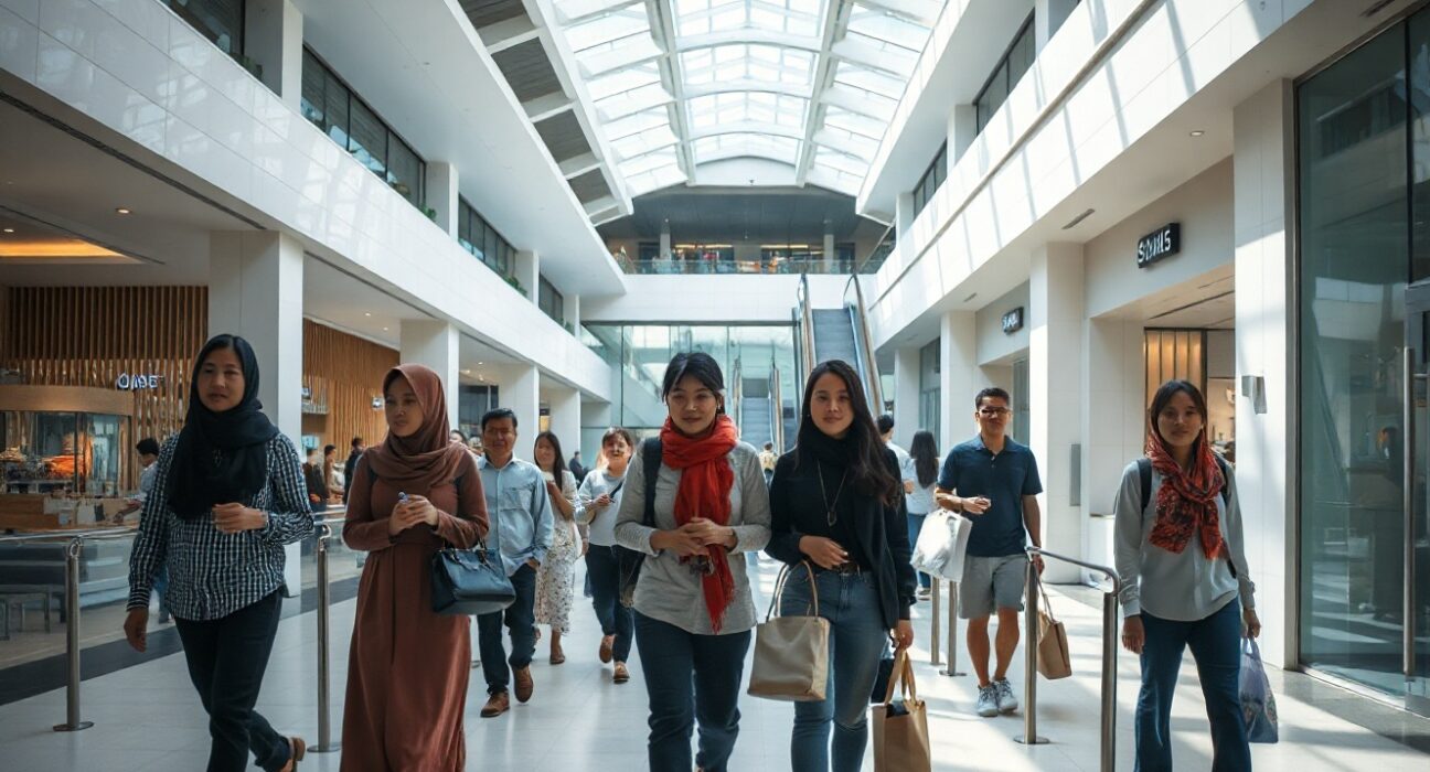 Shoppers walking through a mall in Jakarta as Indonesia's consumer confidence index declines in July.