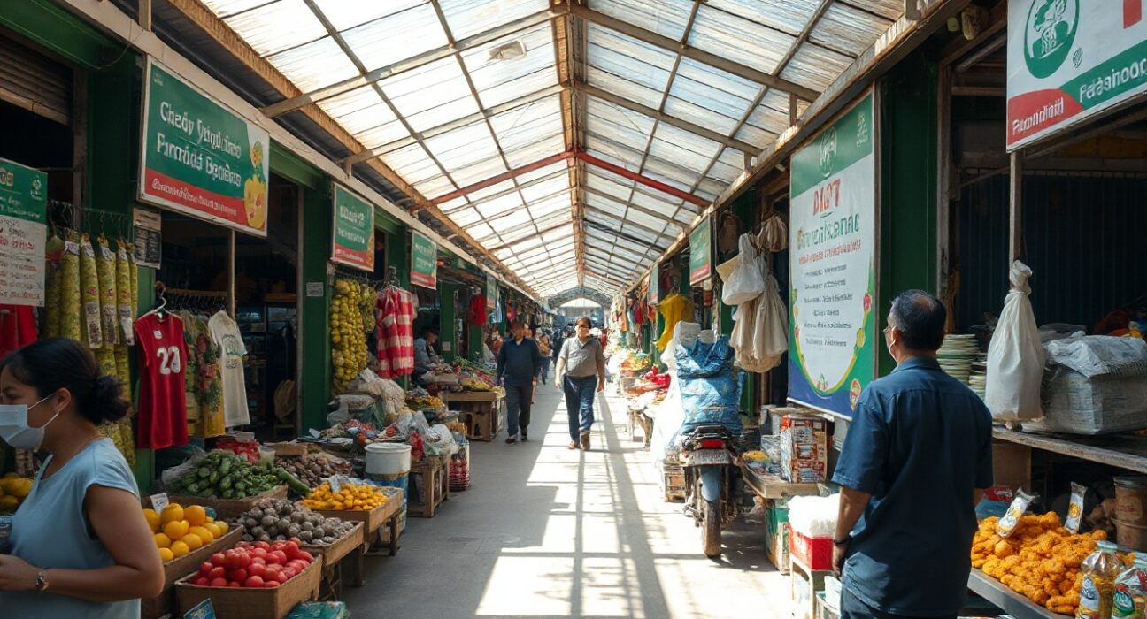 Busy traditional market in Jakarta with shoppers and vendors, illustrating consumer price pressures in Indonesia.