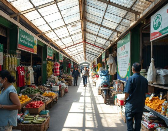 Busy traditional market in Jakarta with shoppers and vendors, illustrating consumer price pressures in Indonesia.