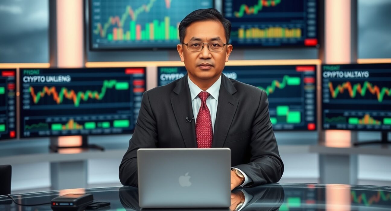 Indonesian financial regulator official in a news studio setting with crypto charts in background