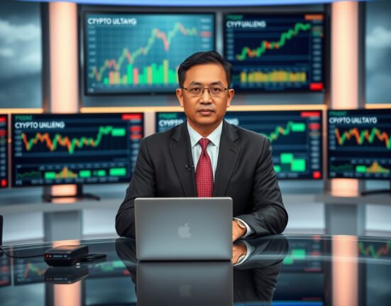 Indonesian financial regulator official in a news studio setting with crypto charts in background