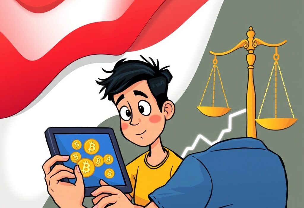 Cartoon illustration showing the impact of new Indonesia crypto tax regulations on digital asset transactions and mining.