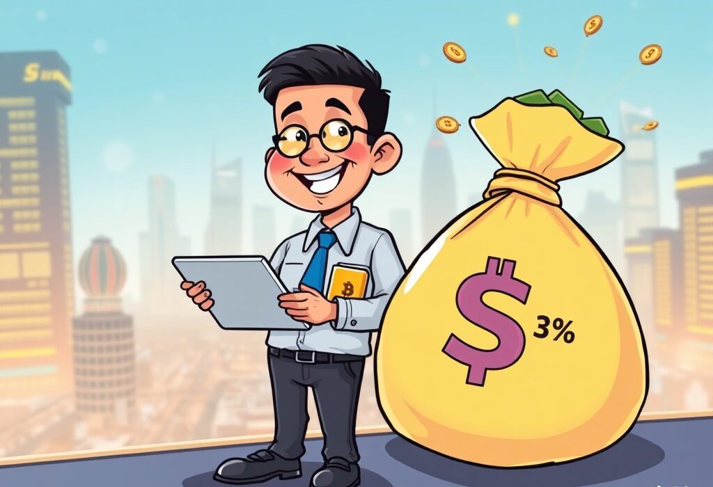 Cartoon of Indonesian official with money bag, symbolizing significant Indonesia crypto tax revenue growth from digital asset transactions.