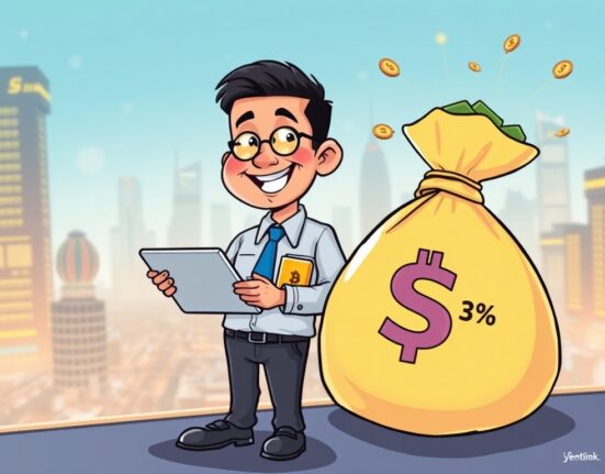 Cartoon of Indonesian official with money bag, symbolizing significant Indonesia crypto tax revenue growth from digital asset transactions.