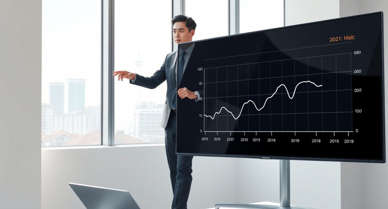 Economist analyzes Indonesia's narrowing current account surplus trend on a digital screen.