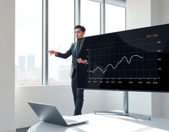 Economist analyzes Indonesia's narrowing current account surplus trend on a digital screen.