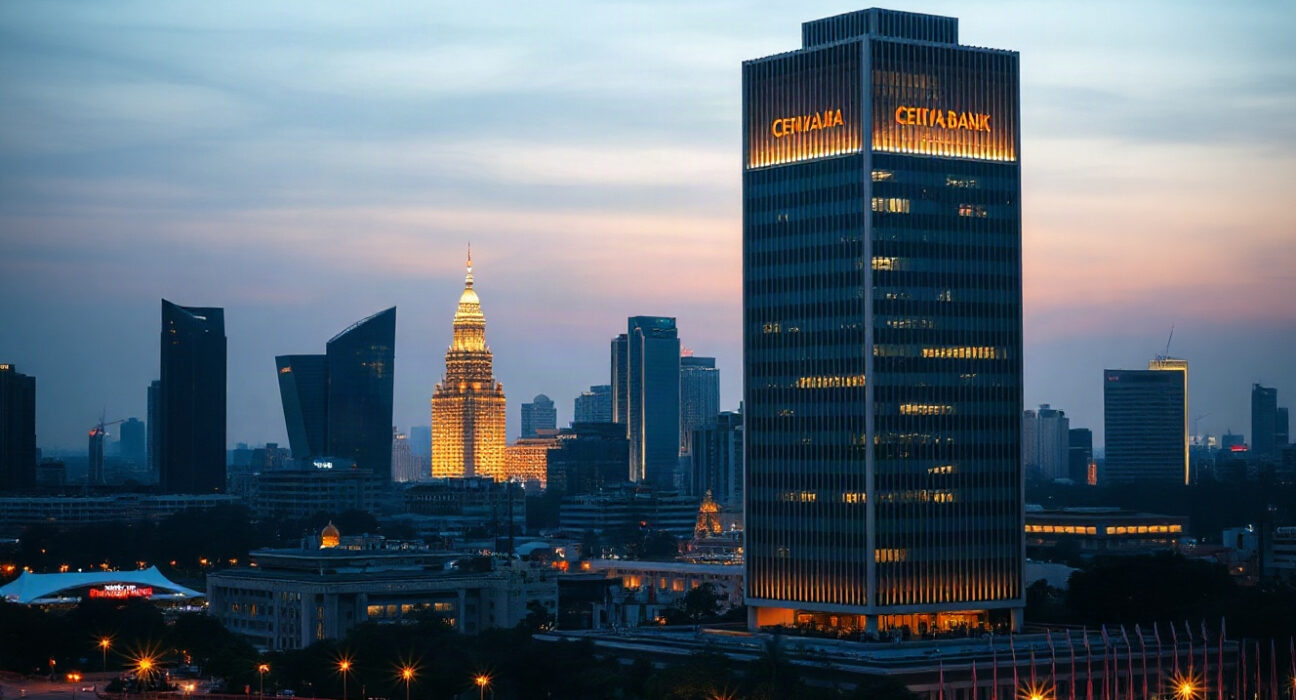 Jakarta skyline at dusk with financial district buildings, representing Indonesia's economic policy outlook.