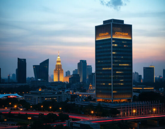 Jakarta skyline at dusk with financial district buildings, representing Indonesia's economic policy outlook.