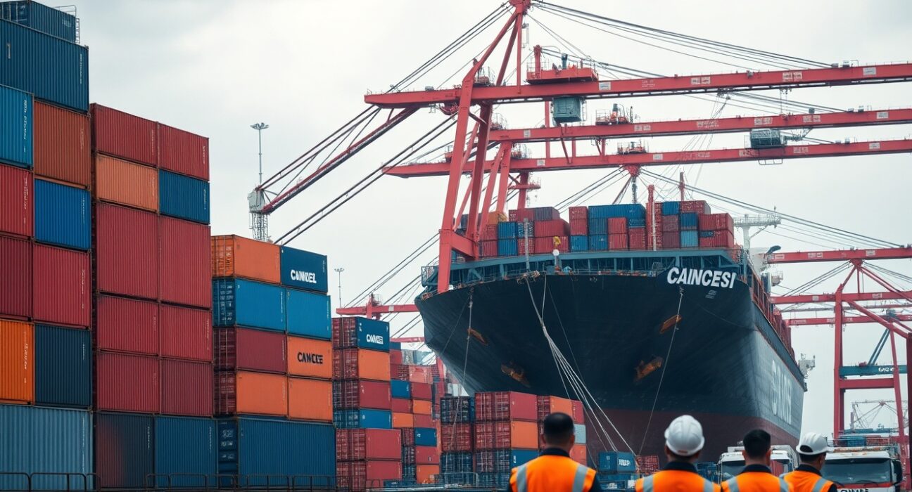 Aerial view of container port in Jakarta, Indonesia, with cargo ships and cranes under cloudy sky.
