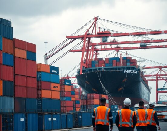 Aerial view of container port in Jakarta, Indonesia, with cargo ships and cranes under cloudy sky.