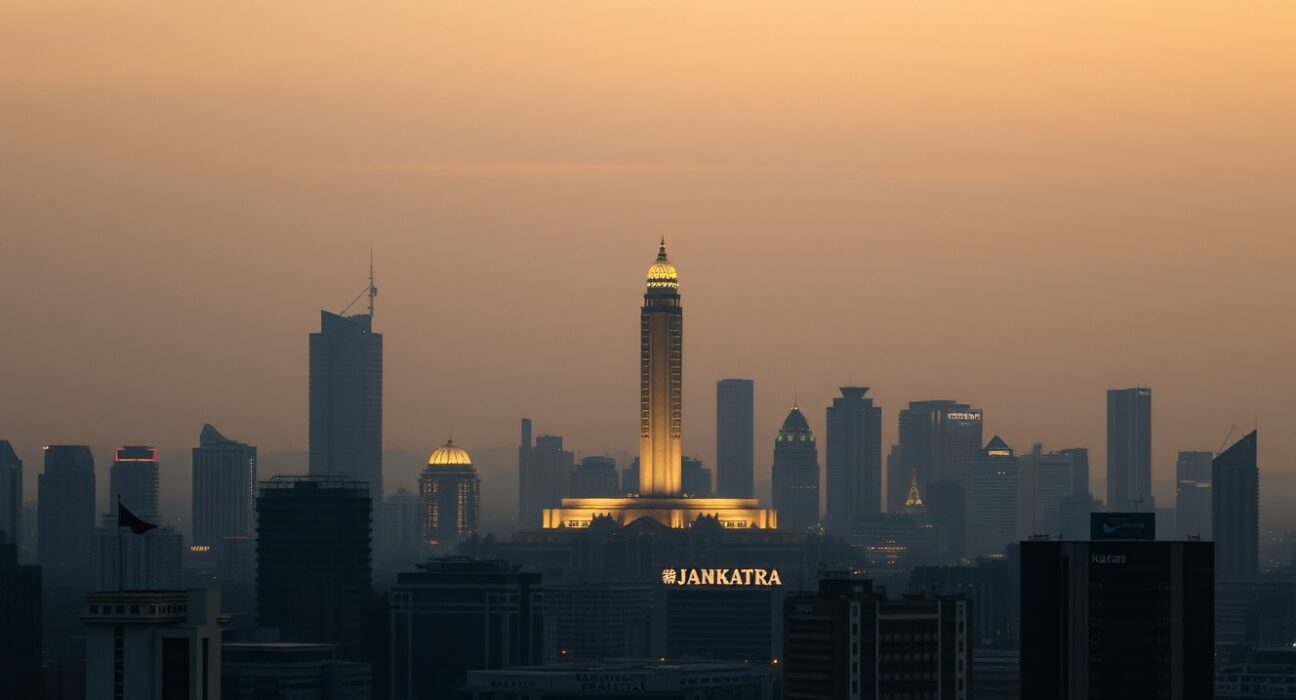 Jakarta skyline at dusk, representing Indonesia's economic outlook and fiscal risks.