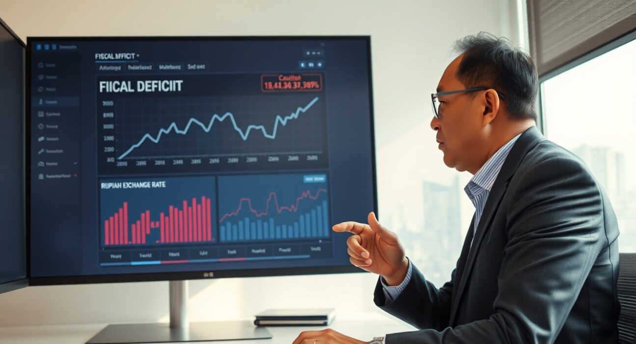 Financial analyst in Jakarta reviewing Indonesia fiscal deficit data on screen