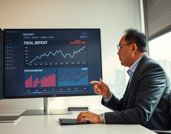 Financial analyst in Jakarta reviewing Indonesia fiscal deficit data on screen