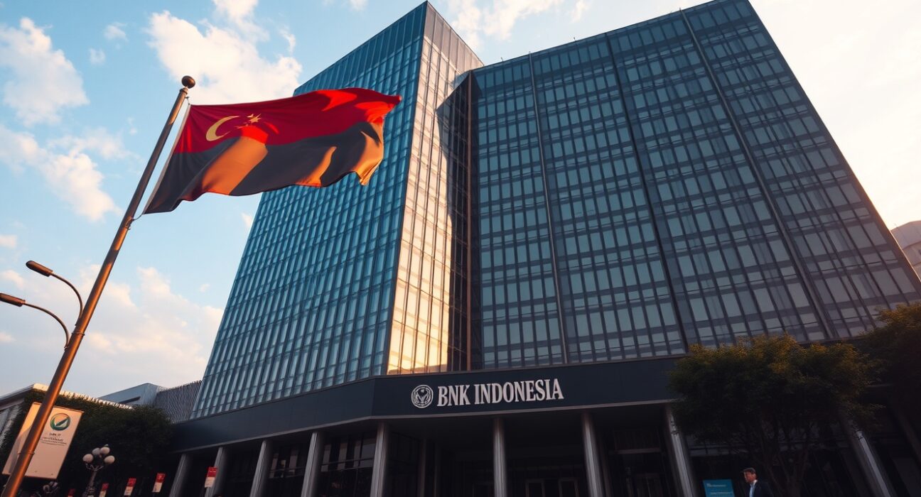 Bank Indonesia headquarters in Jakarta with Indonesian flag flying, representing the country's foreign reserves increase