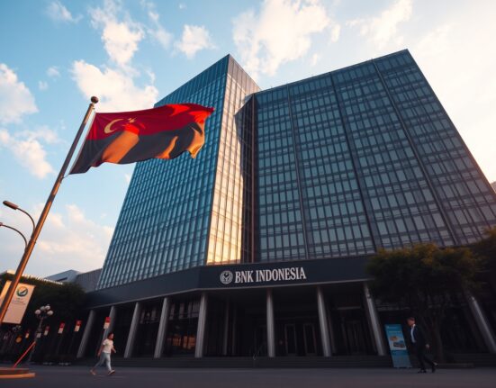 Bank Indonesia headquarters in Jakarta with Indonesian flag flying, representing the country's foreign reserves increase