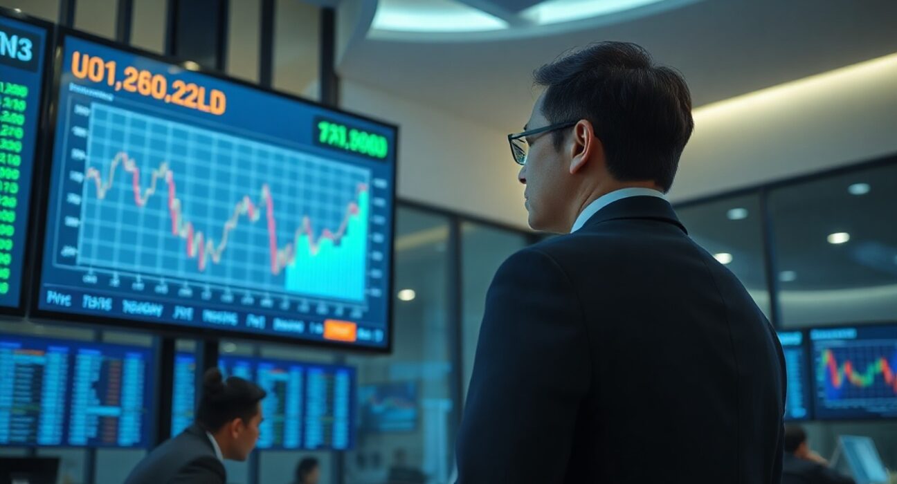 Financial analyst in Jakarta office monitoring Indonesian rupiah and bond market data on a digital screen.