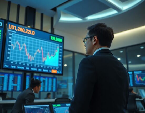Financial analyst in Jakarta office monitoring Indonesian rupiah and bond market data on a digital screen.