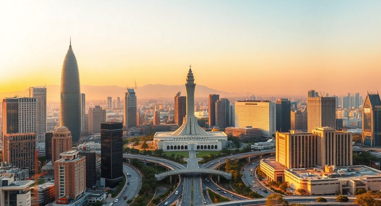 Jakarta skyline at sunset, symbolizing Indonesia's economic growth in Q2 2025.