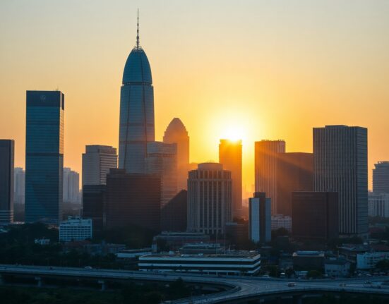 Jakarta skyline at dusk, representing Indonesia's economic activity
