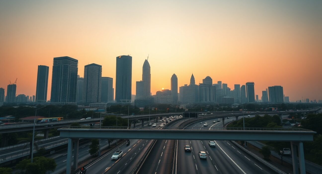 Jakarta skyline at dusk with traffic, representing Indonesia's economic outlook