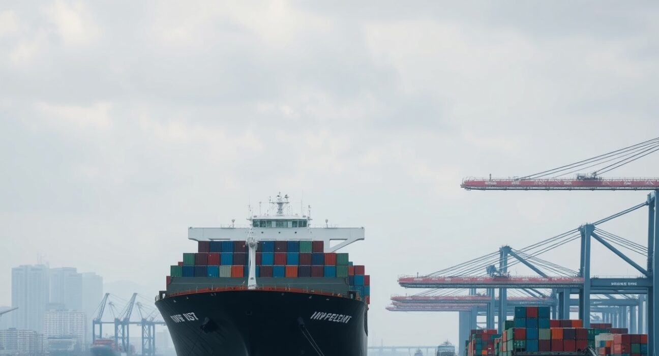 Container port in Jakarta under cloudy sky, symbolizing Indonesia's economic slowdown
