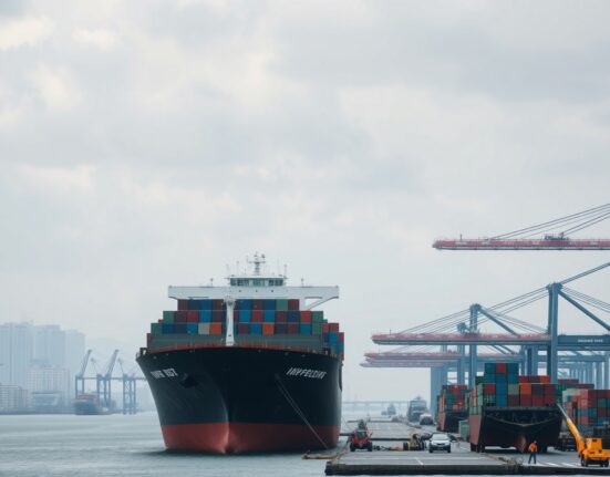 Container port in Jakarta under cloudy sky, symbolizing Indonesia's economic slowdown