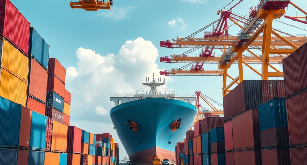 Busy cargo port in Indonesia with containers and ships, representing trade activity