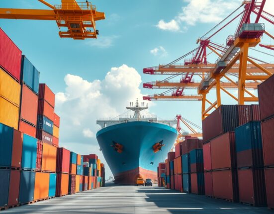 Busy cargo port in Indonesia with containers and ships, representing trade activity