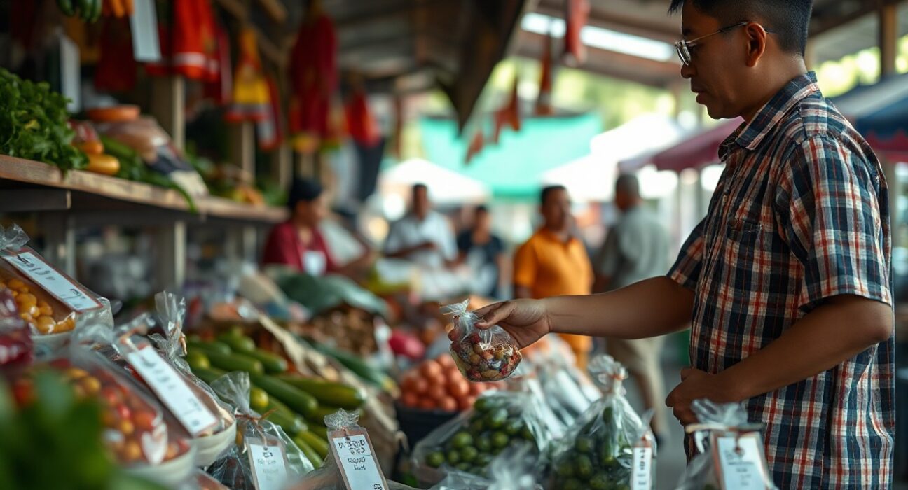 Shoppers at a traditional Indonesian market with fresh produce and price tags, representing consumer price trends.