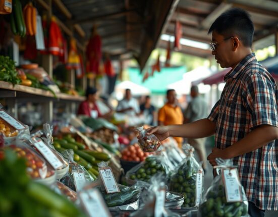 Shoppers at a traditional Indonesian market with fresh produce and price tags, representing consumer price trends.
