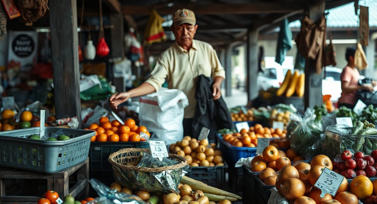 Traditional Indonesian market with fresh produce and price tags