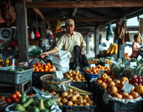 Traditional Indonesian market with fresh produce and price tags
