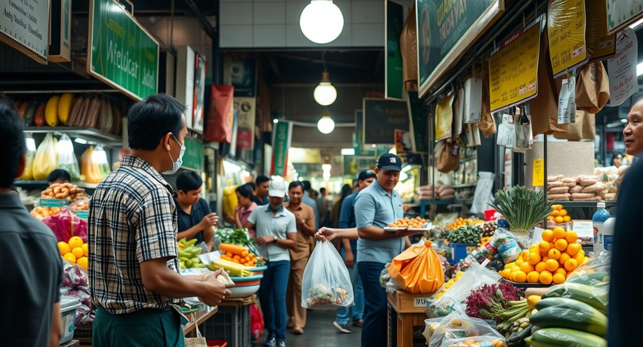 Busy traditional market in Jakarta with vendors and shoppers amid rising consumer prices.