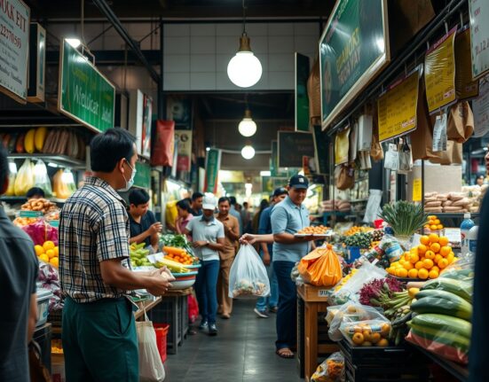 Busy traditional market in Jakarta with vendors and shoppers amid rising consumer prices.