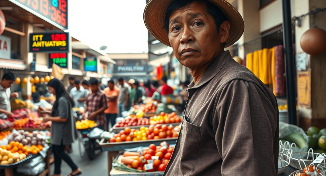 Indonesian market vendor during festival season showing economic inflation pressures on consumer goods