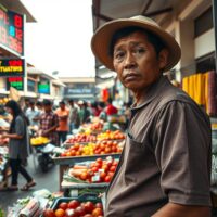Indonesian market vendor during festival season showing economic inflation pressures on consumer goods