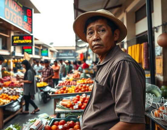 Indonesian market vendor during festival season showing economic inflation pressures on consumer goods
