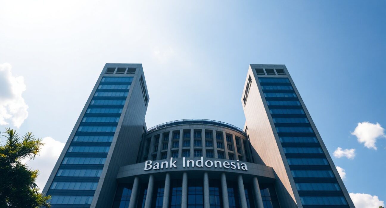 Bank Indonesia headquarters in Jakarta on a clear morning, representing monetary policy and inflation analysis.