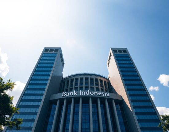 Bank Indonesia headquarters in Jakarta on a clear morning, representing monetary policy and inflation analysis.