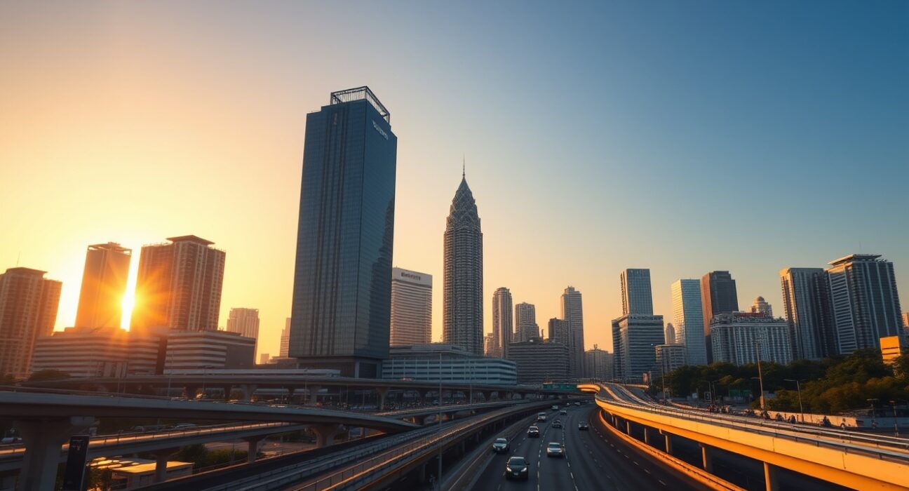 Jakarta skyline at sunset, representing Indonesia's economic growth outlook.