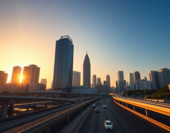 Jakarta skyline at sunset, representing Indonesia's economic growth outlook.